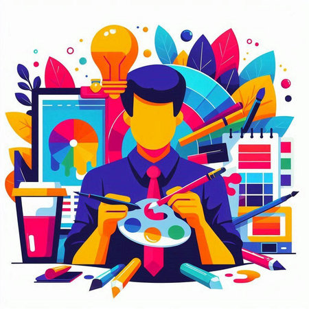 Artist painting picture on canvas with brush and palette. Flat style vector illustration.のイラスト素材