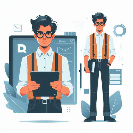 Vector illustration of a man with a tablet in his hands. Man with a tablet in his hands. A man in a business suit and glasses.のイラスト素材