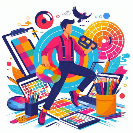 Vector illustration of a graphic designer working at the office. Colorful flat design.のイラスト素材