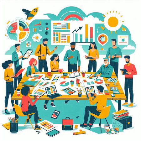 Flat design modern vector illustration concept of business people meeting, brainstorming, planning, consulting, team building.のイラスト素材
