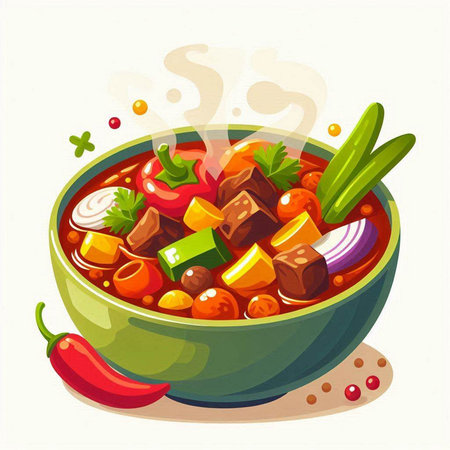 Beef stew with vegetables and spices in a bowl. Vector illustration.のイラスト素材