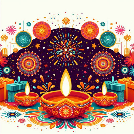 Indian festival Diwali greeting card with diya. Vector illustrationのイラスト素材