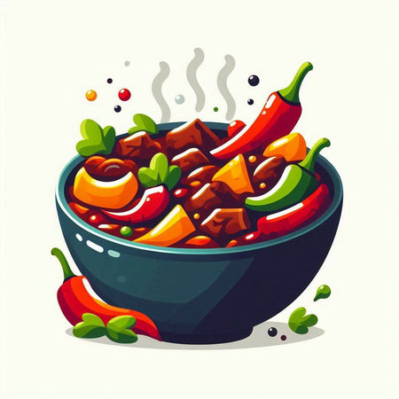 Beef stew in a bowl with chili pepper. Vector illustration.のイラスト素材