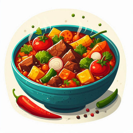 Vector illustration of a bowl of beef stew with vegetables, herbs and spicesのイラスト素材
