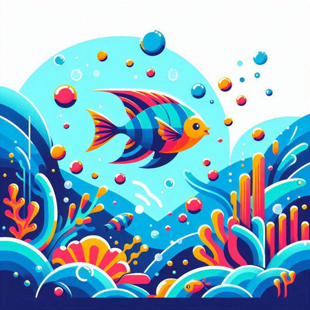 Underwater world. Colorful cartoon fish in the sea. Vector illustration.のイラスト素材
