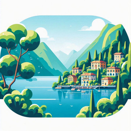 Landscape with lake, mountains and villas. Vector illustration.のイラスト素材