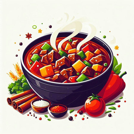 Illustration of a bowl of spicy beef stew with vegetables and spicesのイラスト素材