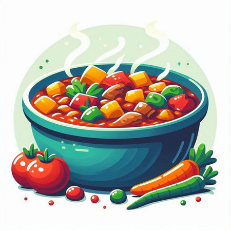 Vegetable stew in a bowl. Vector illustration on white background.のイラスト素材