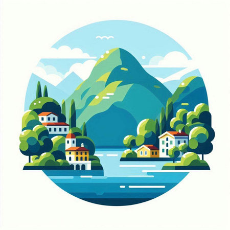 Landscape with mountains, river and houses. Flat style vector illustration.のイラスト素材