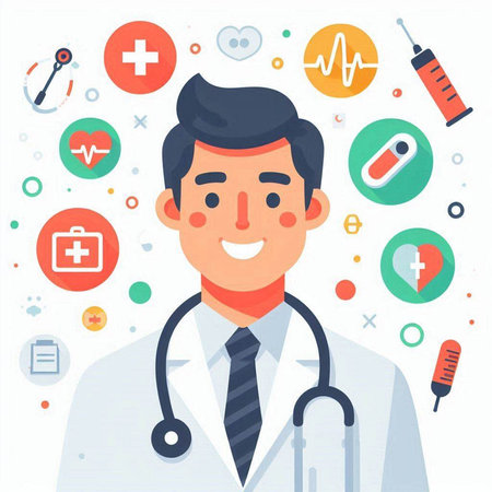 Vector illustration of a doctor in flat style with medical icons around.のイラスト素材