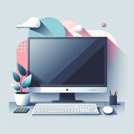 Vector illustration of modern desktop with computer, keyboard, mouse, stationery and plants.のイラスト素材