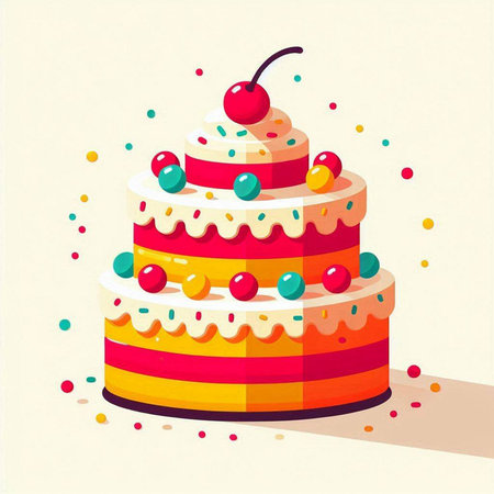 Illustration of a birthday cake with cherries and colorful confettiのイラスト素材