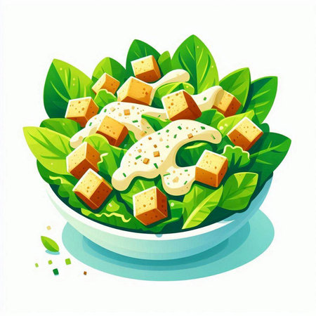 Salad with cheese, lettuce and croutons. Vector illustrationのイラスト素材