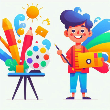 Vector cartoon illustration of happy schoolboy painting with colorful pencils.のイラスト素材