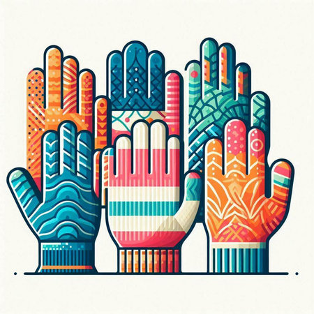 Colorful vector illustration of a group of hands in different colors.のイラスト素材