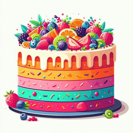 Birthday cake with fruits and berries on a white background. Vector illustrationのイラスト素材