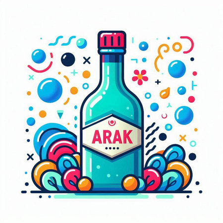 Vector illustration of a bottle of alcoholic drink. Colorful flat line art icon.のイラスト素材