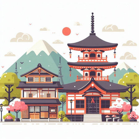 Traditional japanese architecture on the background of mountains. Vector illustrationのイラスト素材