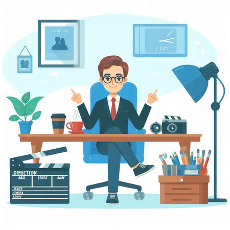 Businessman sitting at desk in office and showing thumbs up. Vector illustrationのイラスト素材