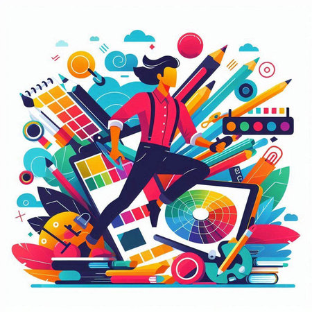Vector illustration of a creative designer with a set of tools for drawing.のイラスト素材
