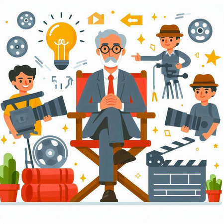Cartoon flat vector illustration of movie director sitting on chair with camera, film reel, lighting bulb, movie clapper board and other equipment. Movie production conceptのイラスト素材