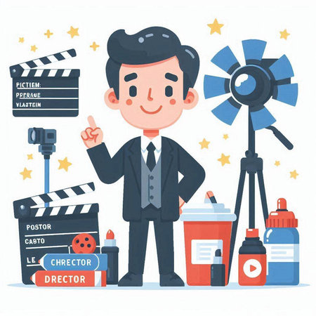 Cinema director with movie elements. Vector illustration in cartoon styleのイラスト素材