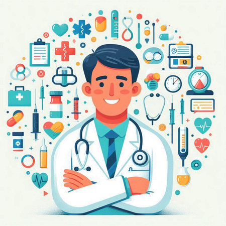 Male doctor with stethoscope and medical icons around. Vector illustrationのイラスト素材