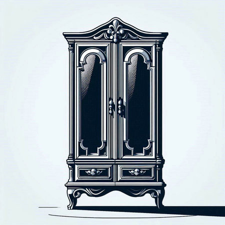 Illustration of a classic cupboard in black and white colors.のイラスト素材
