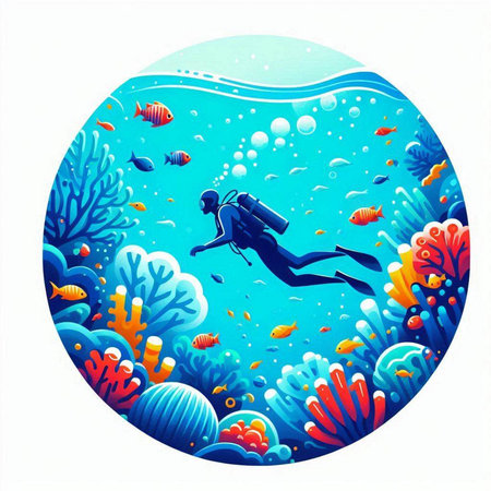 Illustration of a scuba diver swimming in the blue sea.のイラスト素材