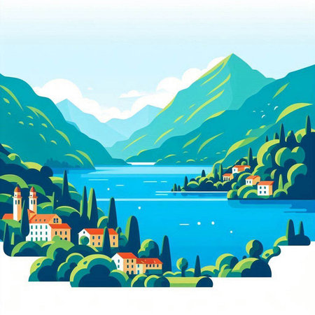 Landscape with lake, mountains and village. Vector illustration in flat styleのイラスト素材