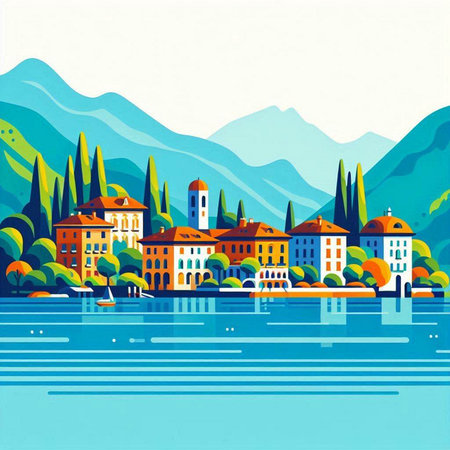 Landscape of Lake Como, Italy. Vector illustration in flat styleのイラスト素材