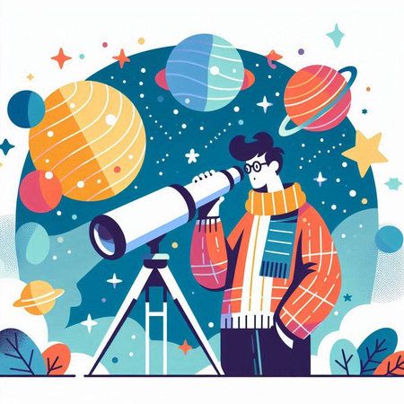 Vector illustration of a young man looking through a telescope in outer spaceのイラスト素材
