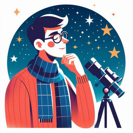 Young man looking through telescope. Vector illustration in flat cartoon style.のイラスト素材