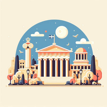 Flat style vector illustration of the famous Academy of Athens, Greece.のイラスト素材