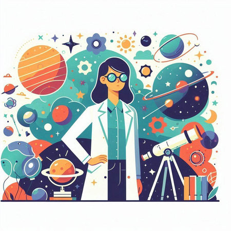 Vector illustration of a girl scientist in outer space. Astronomy.のイラスト素材