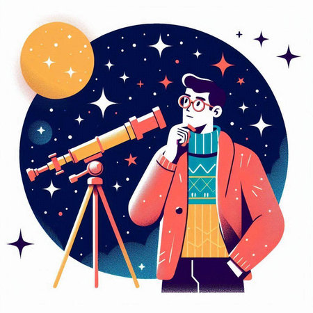Young man looking through a telescope on a background of the starry skyのイラスト素材