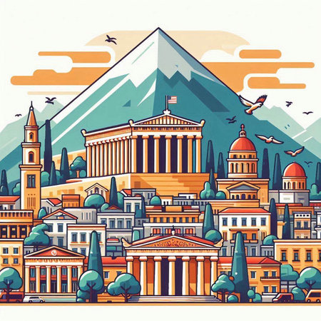 Vector illustration of Athens cityscape with famous landmarks and ancient architecture.のイラスト素材