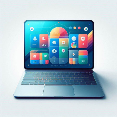 Laptop with colorful application icons on the screen. 3d illustrationのイラスト素材