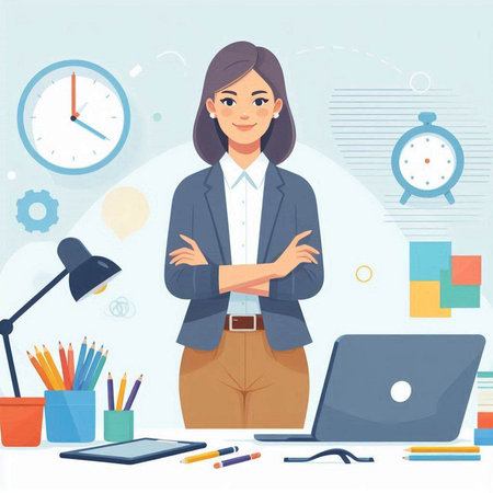 Businesswoman standing in front of laptop. Flat design vector illustration.のイラスト素材