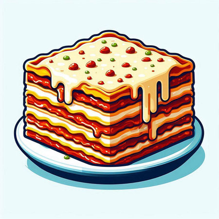 Illustration of a piece of lasagna on a plate with white backgroundのイラスト素材
