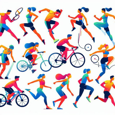 Set of people in sportswear running, cycling, jogging, running vector illustrationのイラスト素材