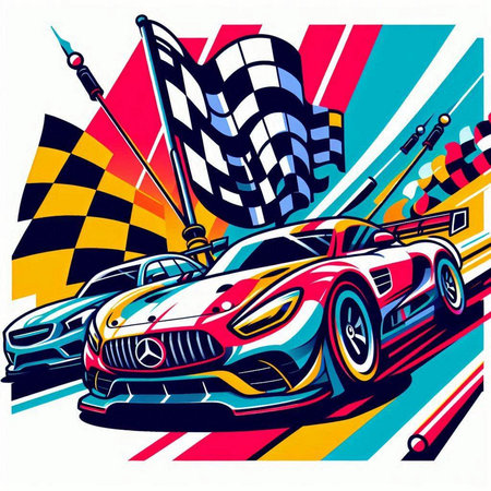 Sport car with checkered flag on racing background. Vector illustration.のイラスト素材