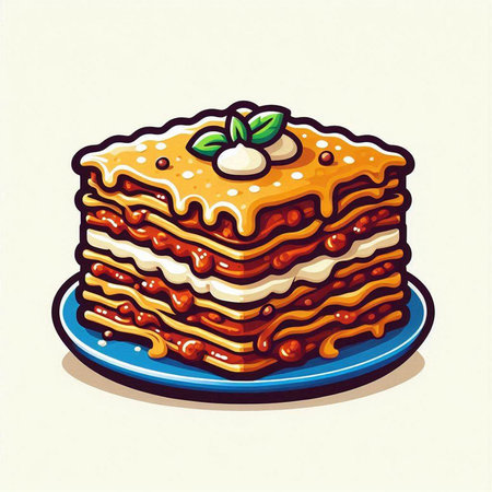 Illustration of a stack of lasagna on a blue plate.のイラスト素材
