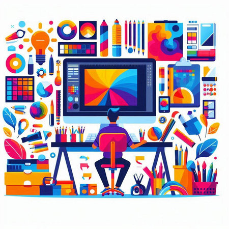 Vector illustration of graphic designer sitting at desk in front of computer and drawing. Colorful flat design.のイラスト素材