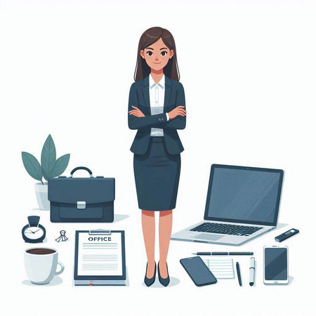 Business woman in office. Vector illustration in flat style. Business concept.のイラスト素材