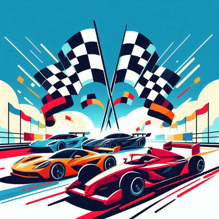 Race car and flags on the background of the race track. Vector illustrationのイラスト素材