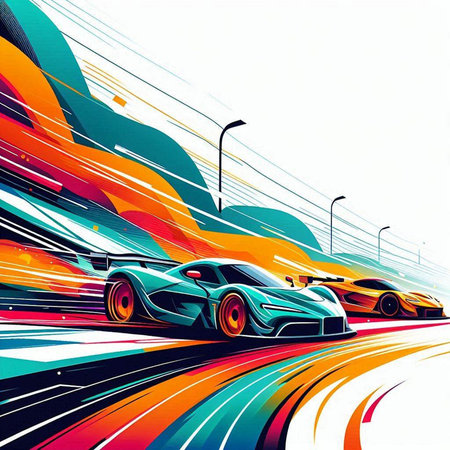 Abstract colorful background with sport cars on the road. Vector illustration.のイラスト素材