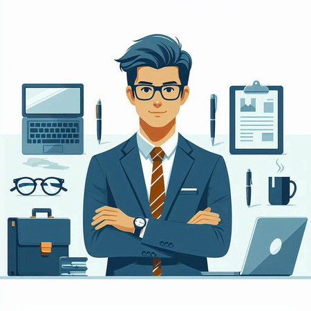 Portrait of a handsome businessman in office. Vector illustration in cartoon style.のイラスト素材