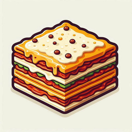 Illustration of a stack of lasagna with tomato sauce and cheeseのイラスト素材
