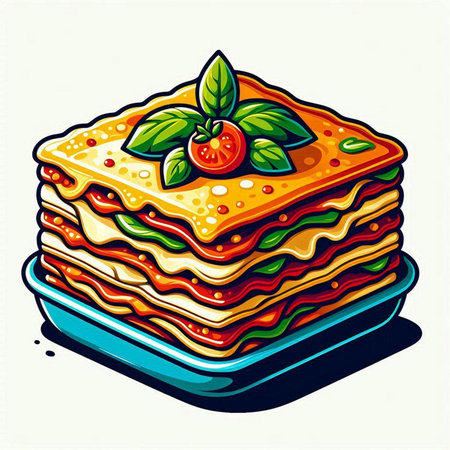Illustration of lasagna with tomato and basil on a white backgroundのイラスト素材